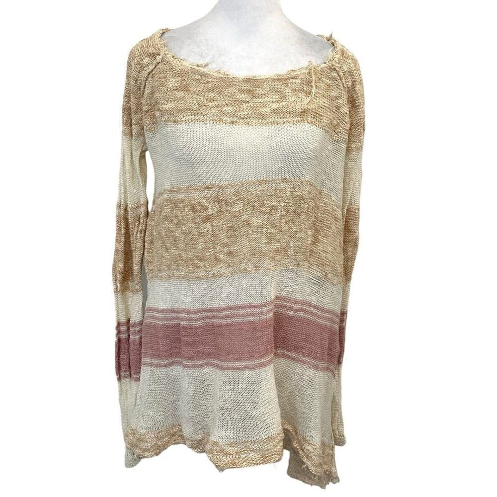 Free People Linen Blend Open Knit Colorblock Stripe Raw Hem Sweater size Large